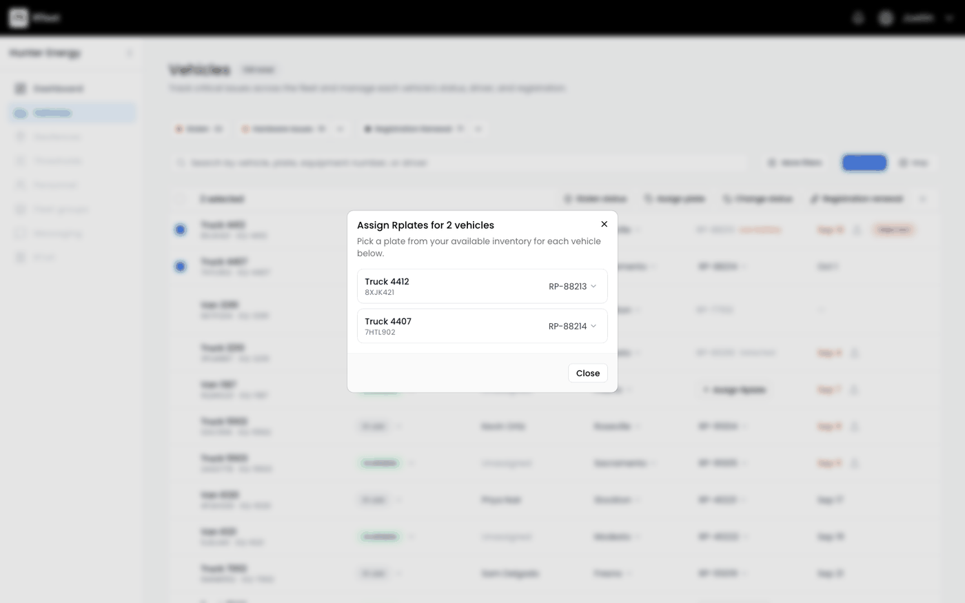Bulk dialog assigning plates to multiple vehicles