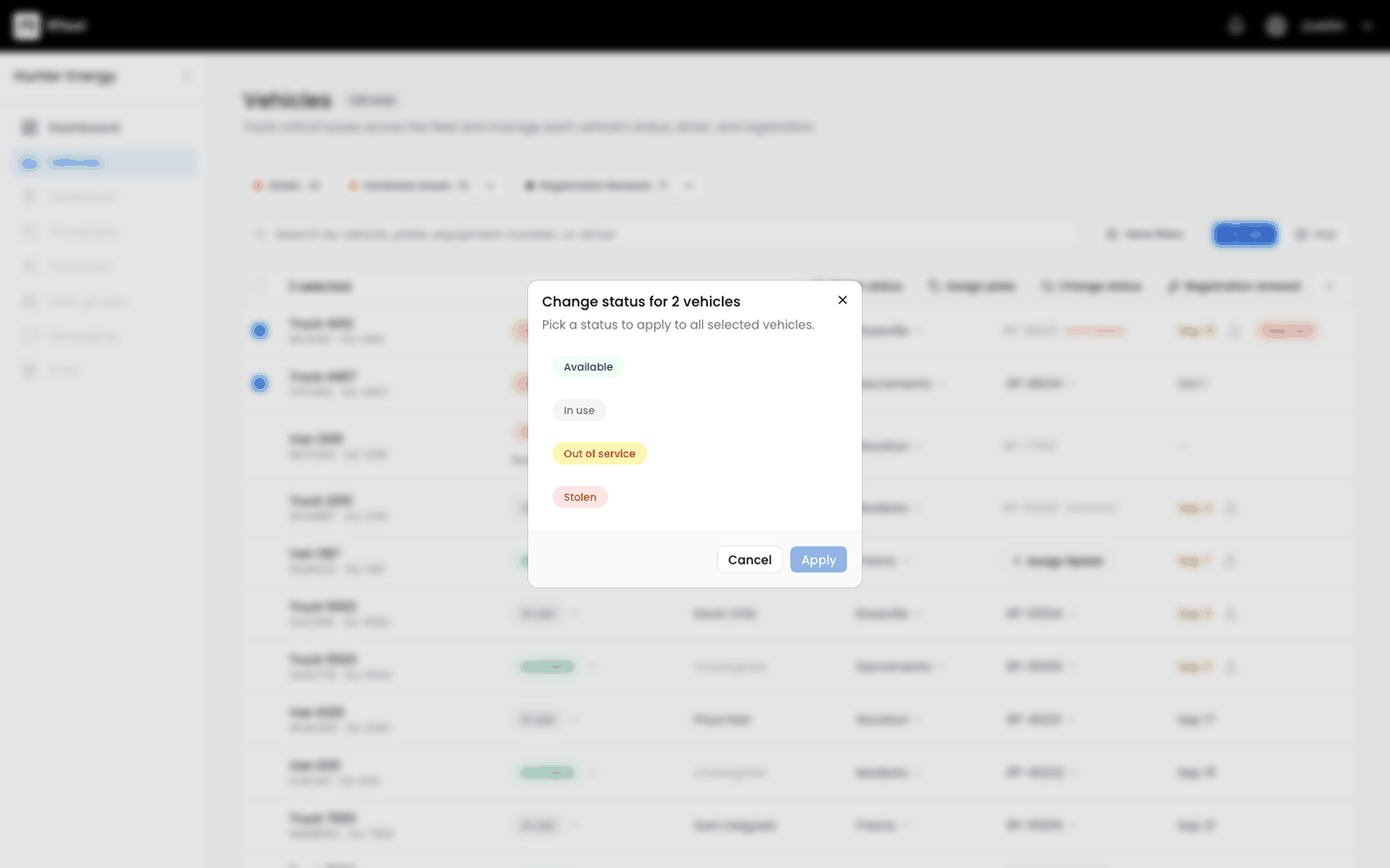 Bulk dialog changing status for multiple vehicles