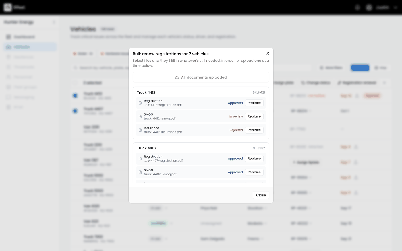 Bulk dialog renewing registrations with document review