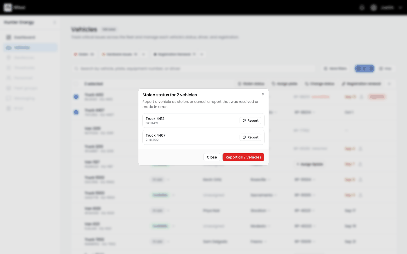 Bulk dialog reporting or cancelling stolen status