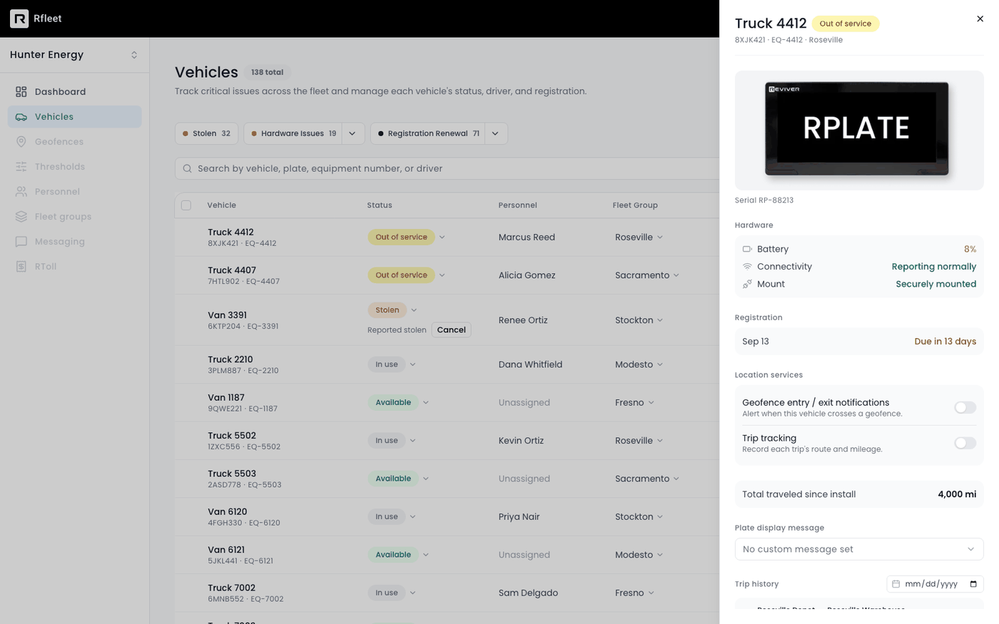 Vehicle detail drawer showing hardware health, registration status and trip history